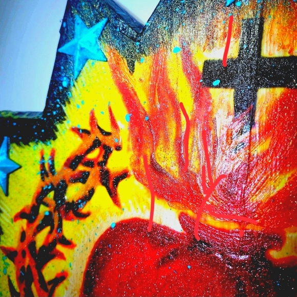 Sacred Heart Mixed Media Decor Handmade Wall Art Vivid Bright Spiritual  Decor - Picture 3 of 5